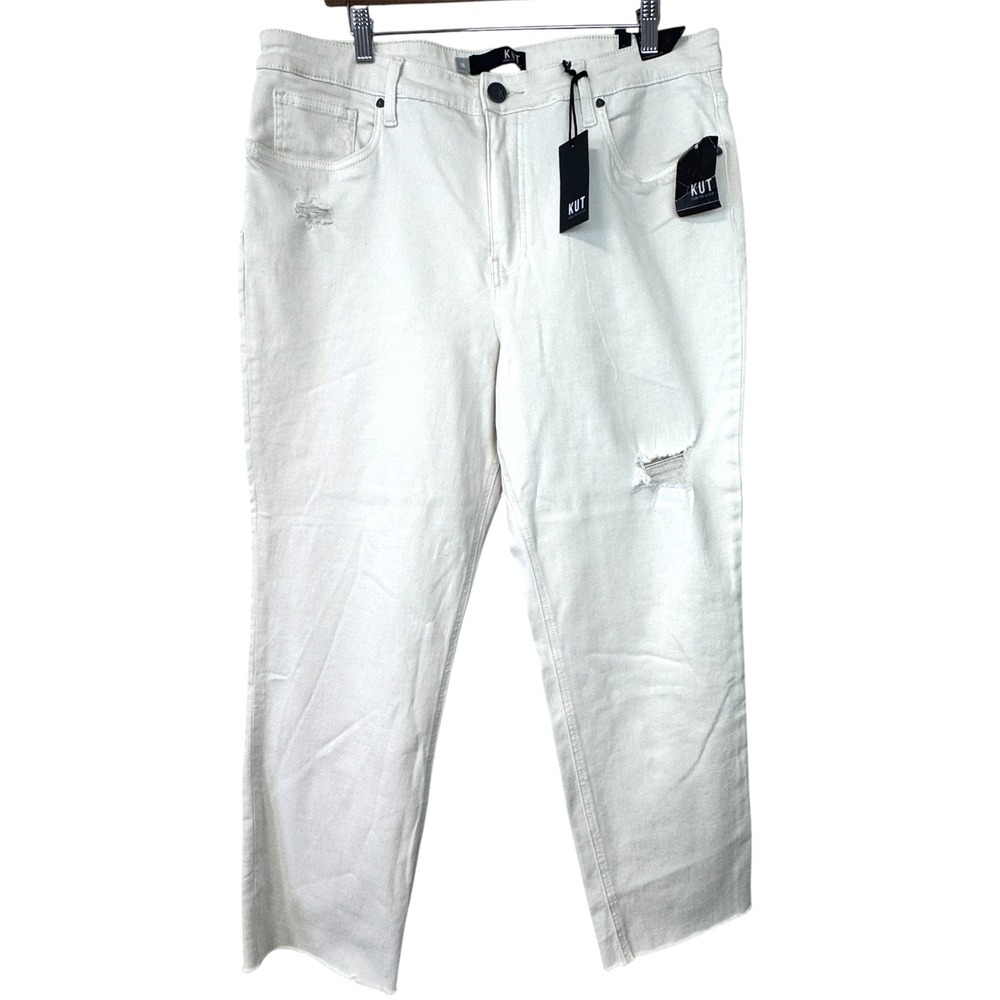 NWT Kut from the Kloth Rachael Fab Ab Mom Jeans Ecru Distressed‎ High Rise 16
